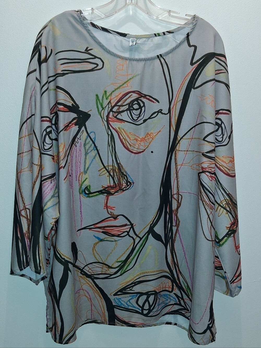 Abstract Sketch Print Long Sleeve Women’s Top — Gray Multi